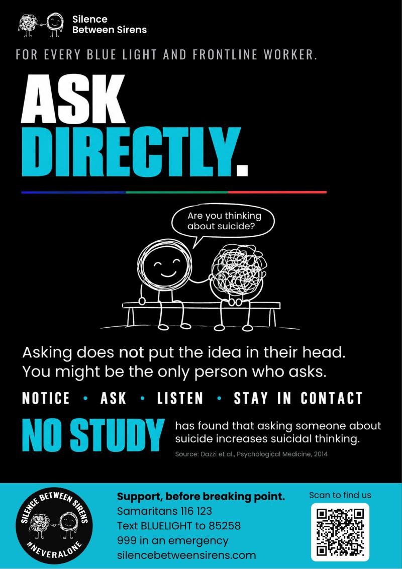 Poster reading Ask directly. Two figures sit on a bench, one asking are you thinking about suicide.